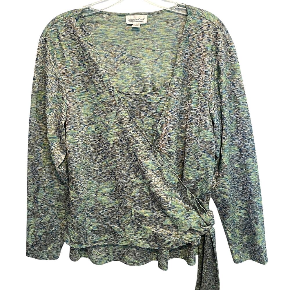 Coldwater Creek Faux Wrap Top Womens Size 1X Green Floral Long Sleeve Blouse